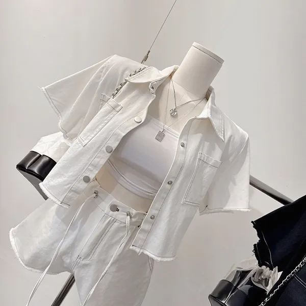 *최저가* [세트가격!/하객룩!] 드뷔 스티치 데님자켓 청자켓 데님셔츠 셔츠카라 버튼 포켓 반팔자켓 크롭자켓 스트링 밴딩 하이웨스트 와이드 반바지 숏팬츠 여름투피스 세트 데님세트 상세 이미지 7