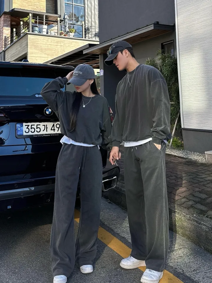 크롭~4XL/ 피그먼트 맨투맨 커플 트레이닝 세트 크롭 오버핏 남녀공용 팬츠 긴바지 겨울 봄 가을 커플룩 커플 시밀러룩 꾸안꾸 투피스 셋업 스트릿 남자 코디 데이트 빅사이즈 코마 상세 이미지 10
