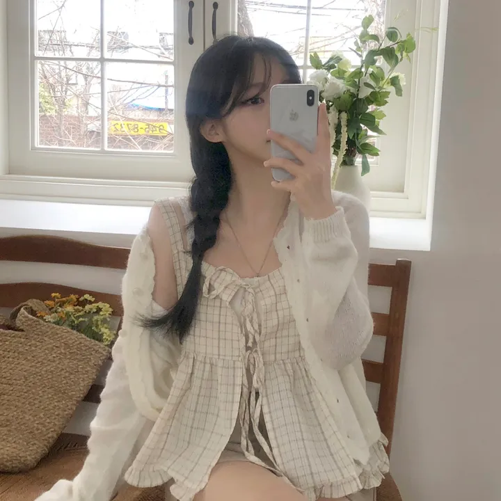 [레이어드템!]러블리 체크 리본 뷔스티에 나시 블라우스 2color 상세 이미지 16