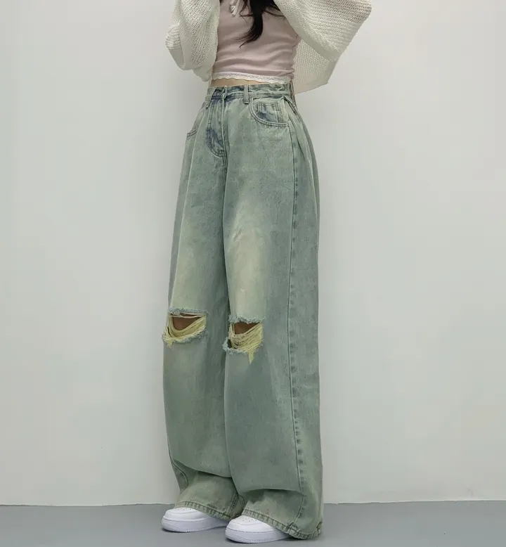 당일🚀[숏,롱/~XL/찐인생바지] 슬릿 찢청 폴딩 빈티지워싱 벌룬핏 옆핀턱 와이드팬츠 무릎트임 데님 청바지 기장선택 빅사이즈까지 오버핏팬츠 여름청바지 상세 이미지 47
