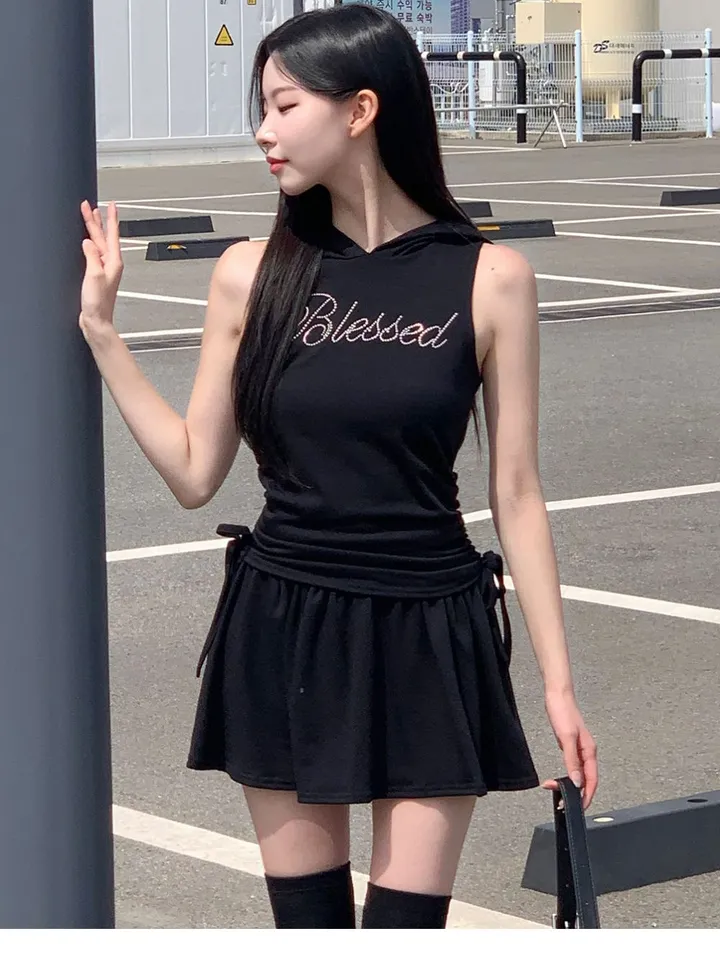 [유니크🖤] 미니 후드 세트 / 후드티 반팔티 투피스 치마바지 플레어 플리츠 레이어드 스커트 민소매 오프숄더 여름반팔 셔링 크롭티 크롭반팔 미니스커트 캉캉치마 캉캉스커트 블랙 상세 이미지 11