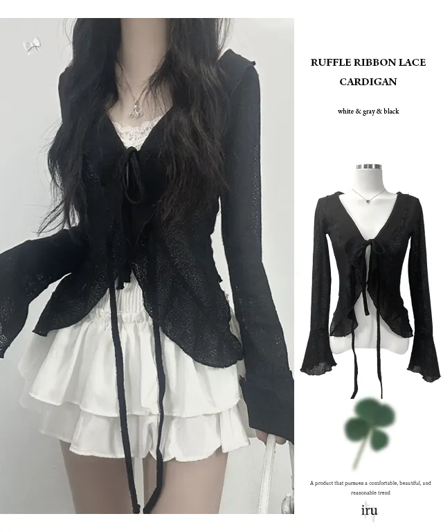 ruffle ribbon lace cardigan 러플 리본 레이스 가디건 (봄가디건, 러블리, 프릴, 니트가디건, 슬림핏, 여리여리) 상세 이미지 4