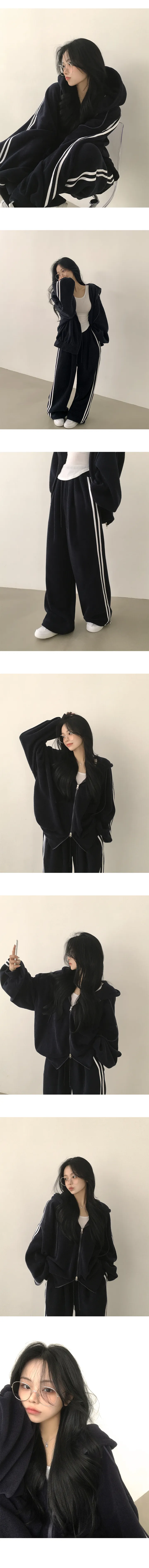 [도톰,포근~/후리스트레이닝세트🤍] 꾸안꾸 정석, 후리스 트랙 오버핏 투웨이 후드집업 + 밴딩 트랙 투웨이 스트링 조거 와이드 트레이닝팬츠 투피스 세트 (5color) 상세 이미지 16