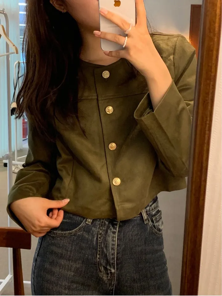 [주문폭주🐱‍🏍3color/가을신상🍂] 노이드 노카라 금장로고 스웨이드 자켓 올드머니룩 페미닌룩 어깨패드 상세 이미지 31