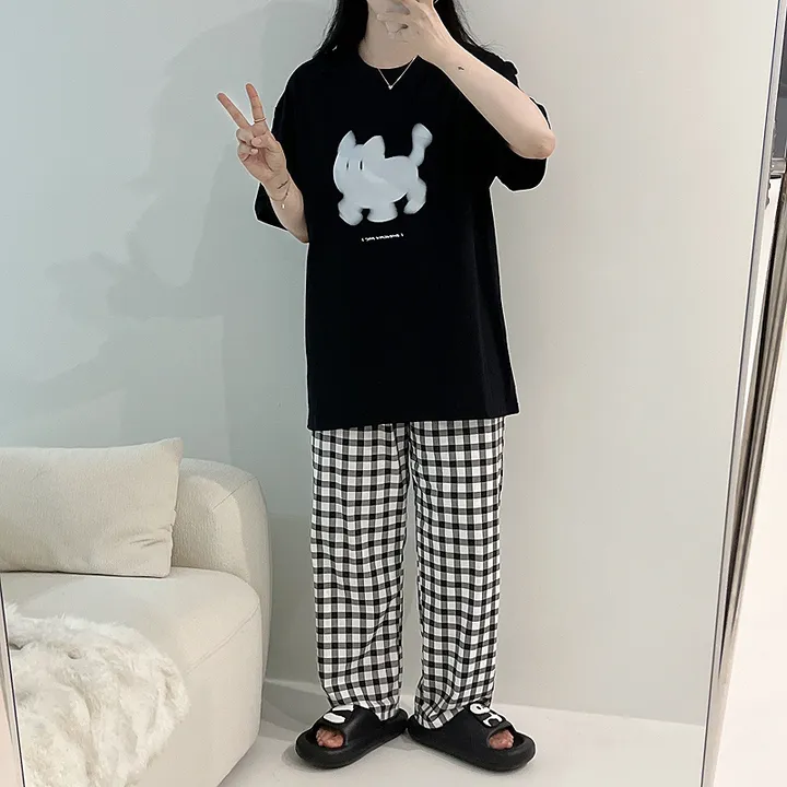 🖤[당일출고/남녀공용]🖤 고양이 캣 빅사이즈 박시핏 루즈핏 오버핏 박시티 반팔 티 티셔츠 여름 면티 커플티 커플룩 커플 커플잠옷 순면 잠옷 파자마 상하세트 체크바지 프리미엄 무 상세 이미지 10