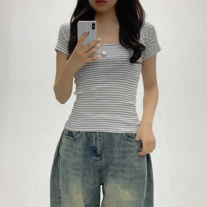 [슬림여리핏/핏보장] 제나 라운드 줄무늬 단가라 반소매티셔츠 여름반팔 기본티셔츠 (3Col) 상세 이미지 11