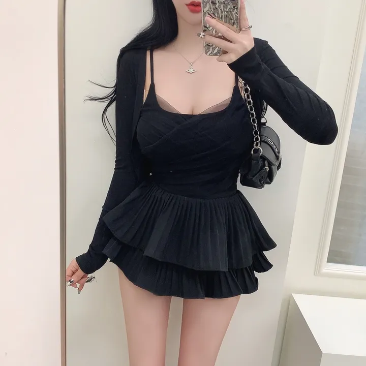 [3COLORS/SET] 더블셔링 레이스 레이어드나시&크롭가디건 세트/버닝블루 상세 이미지 11