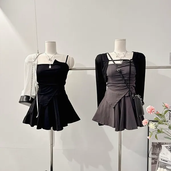 ❤️최저가❤️ *3pc [세트가격!/하이틴!] 펜시 스트랩 셔링나시 언발 사선 튜브탑 크롭나시 긴팔 크롭가디건 니트가디건 볼레로가디건 밴딩 A라인 플레어 미니스커트 여름투피스 세트 상세 이미지 33