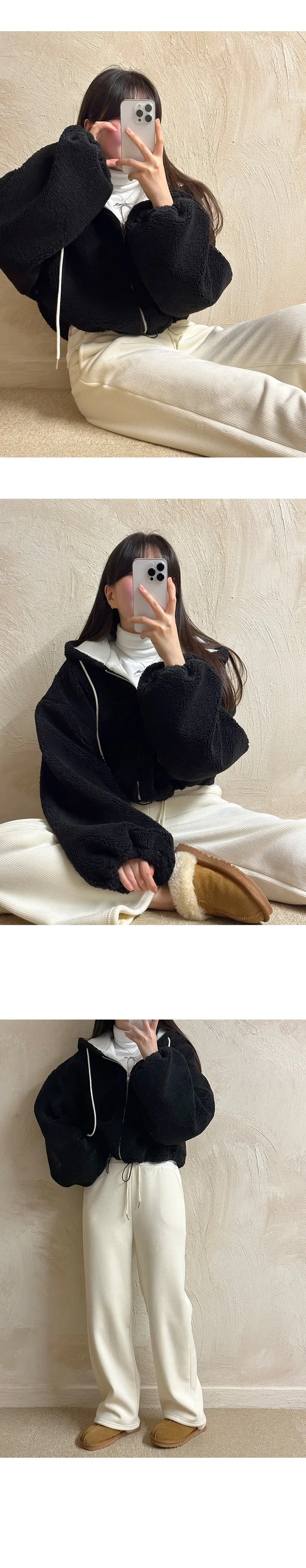 폭신한 덤블 스트링 크롭 양털 후드 자켓 점퍼 후리스 플리스 상세 이미지 15