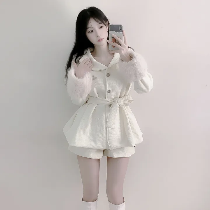 [초고퀄]소매퍼 안감누빔  하프 모직코트 반바지 투피스 세트 상세 이미지 8