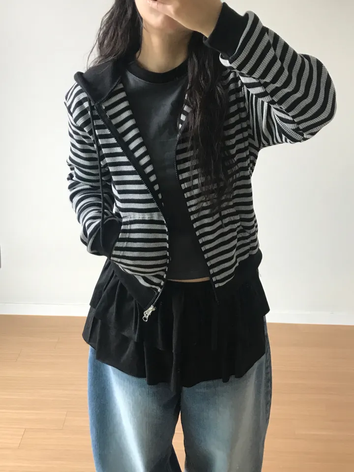 [투웨이/강추] 스트라이프 반크롭 후드집업 상세 이미지 7