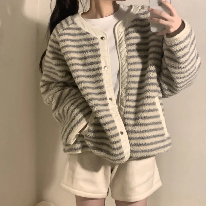 [봄신상/아방뽀글이] reversible fleece stripe snap button jacket 상세 이미지 5