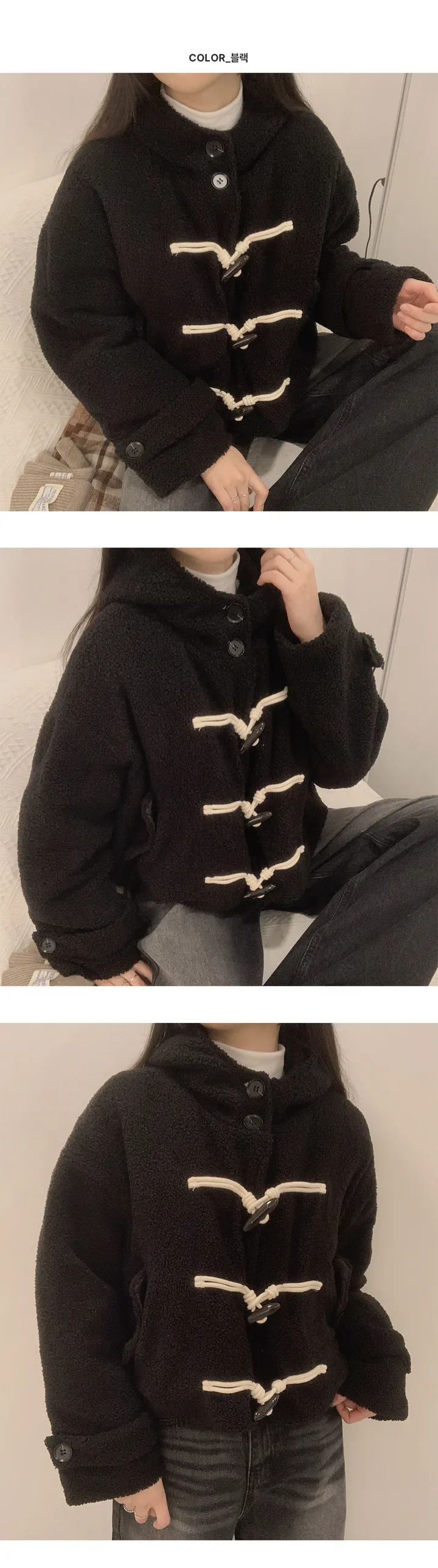 🎀가성비템이라 불러주세요! [양털/누빔안감/후드] DJ 하이넥 투버튼 더플 버튼  소매 포켓 포인트 세미크롭 후드 점퍼 자켓 3Color 상세 이미지 8