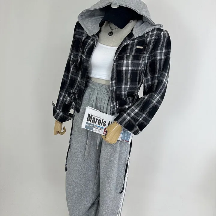 [패드내장/데일리/캐주얼/코디추천템] 크롭 체크 후드 배색 패치 스트링 셔츠 남방 상세 이미지 20
