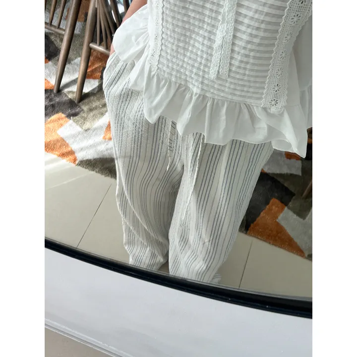 (블랙당일출고) 시어서커 줄지 여름 스트라이프 와이드 롱 밴딩 팬츠 2color 비치웨어 상세 이미지 13