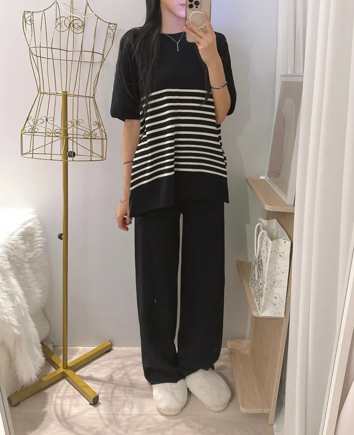 *빠른출고 *체형커버굿 [*44-77/highqual] 모먼트 스프라이트 소프트 단가라 케이프 니트 + 밴딩 와이드 니트 팬츠 투피스 트레이닝세트 - 4color 상세 이미지 35