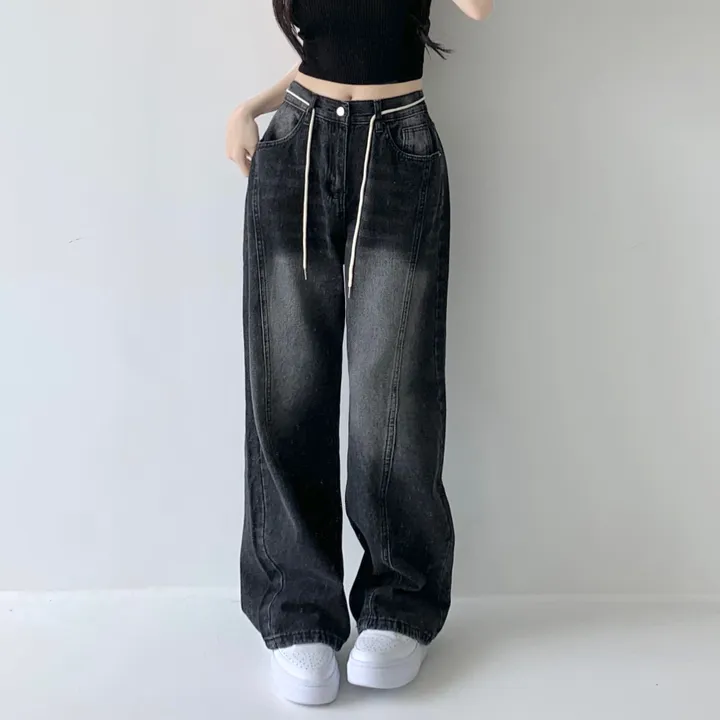 [색감깡패🖤/끈탈부착O] 미드나잇 뒷밴딩 스트링 스트랩 하이웨스트 절개라인 빈티지 워싱 롱 와이드 데님 팬츠 밴딩바지 청바지 사계절청바지 상세 이미지 28