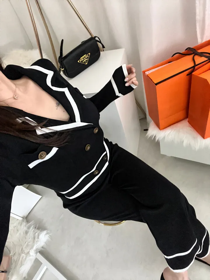 수입 배색 라인 더블 카라넥 버튼 와이드 팬츠 숏 가디건 투피스 셋업 상세 이미지 20
