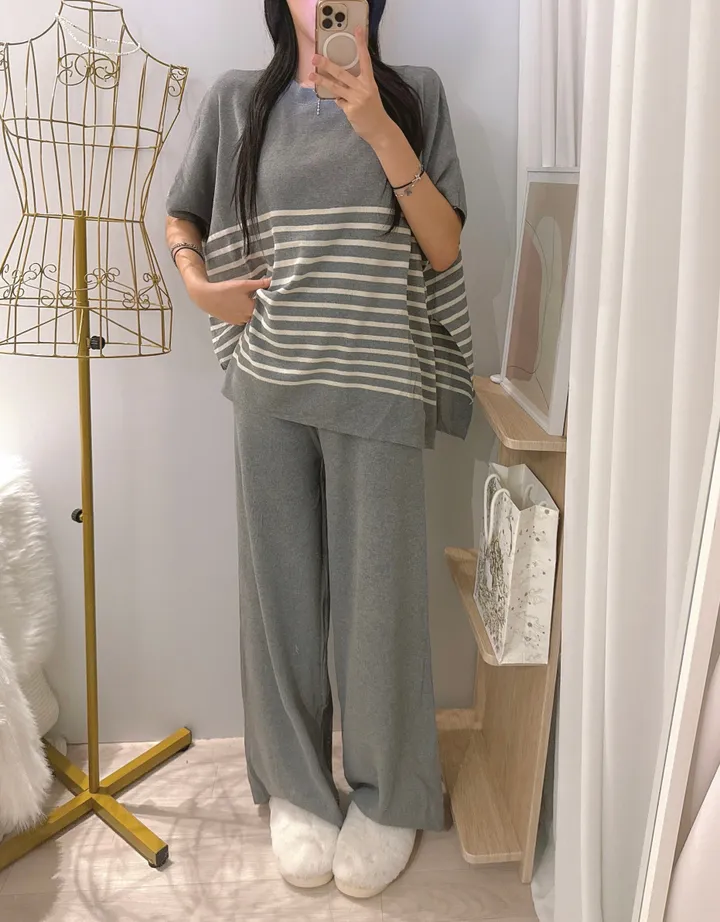 *빠른출고 *체형커버굿 [*44-77/highqual] 모먼트 스프라이트 소프트 단가라 케이프 니트 + 밴딩 와이드 니트 팬츠 투피스 트레이닝세트 - 4color 상세 이미지 18
