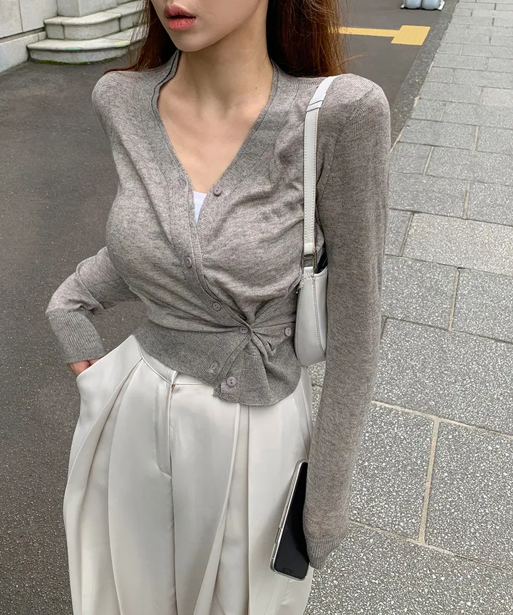[허리잘록🍂타이SET] 브이넥 랩 니트 가디건 옆단추 이중 레이어드 긴팔 스카프 세트 봄 가을 간절기 여리핏 페미닌 데이트룩 하객룩 4COL 상세 이미지 2
