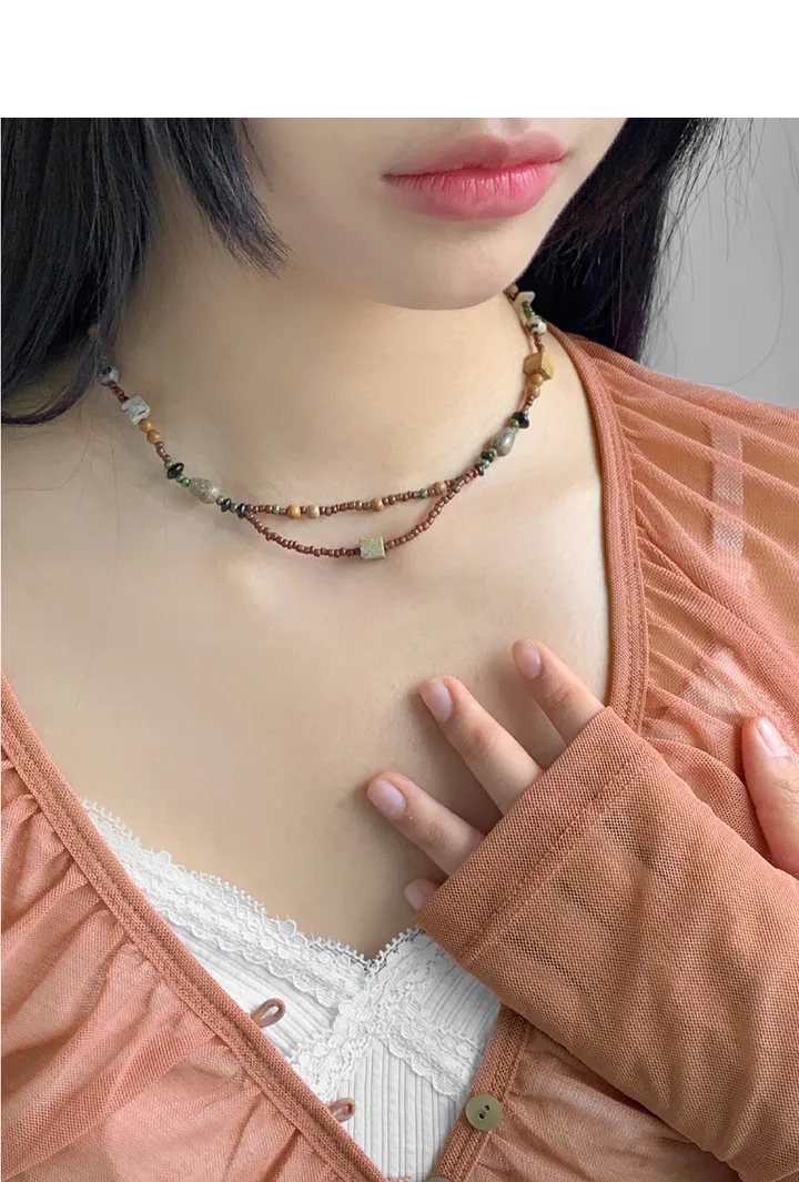 스칼 빈티지 레이어드 비즈 원석 목걸이 상세 이미지 1