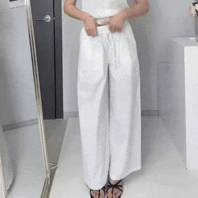 화이트 흰색 핀턱 밴딩 와이드 팬츠 상세 이미지 24