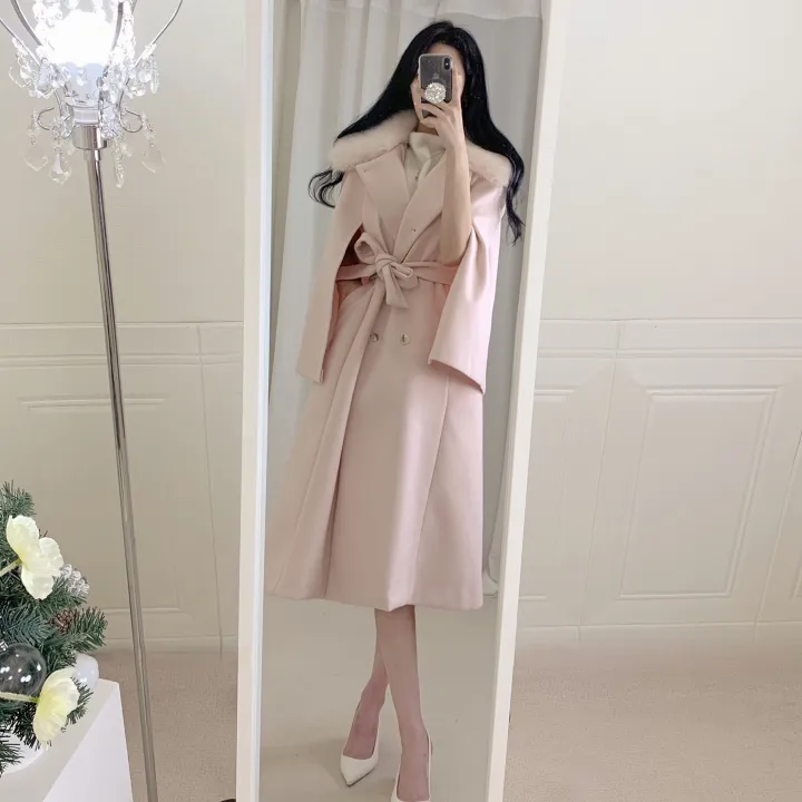 [롱케이프코트💗/고퀄보장✨] 롱VER. 알콩 울 캐시미어 폭스퍼 페이크퍼 밍크퍼 누빔안감 케이프 벨트 버튼 고급 우아 롱 판쵸 코트 망토 자켓 (4color) 연말룩 크리스마스 상세 이미지 7