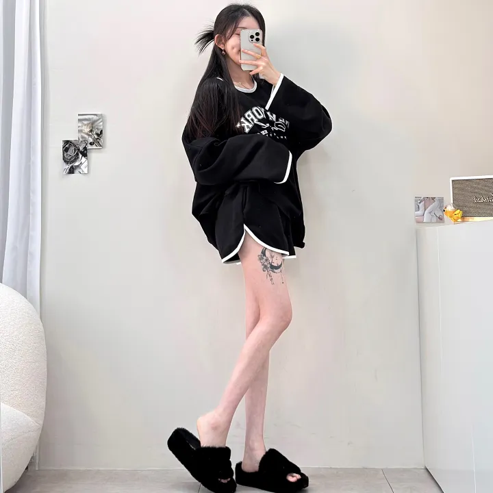 [여름까지/여리루즈핏] 밴티 나염 배색 라인 입술넥 오버핏 긴팔 티셔츠+밴딩 하이웨스트 돌핀 숏팬츠 투피스 트레이닝 세트 3color 상세 이미지 27