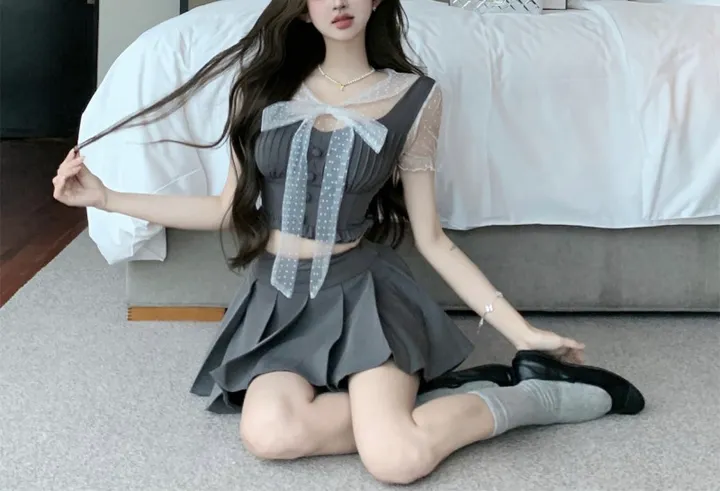 [쓰리피스SET] 도트 리본 시스루 블라우스 하이틴 테니스 뷔스티에 투피스 셋업 세트 상세 이미지 8