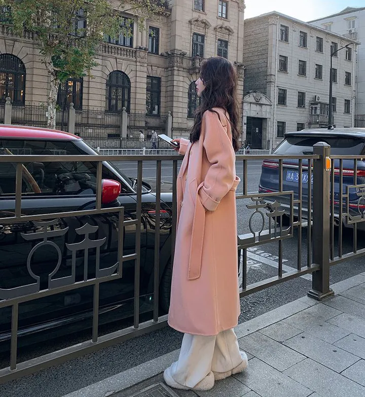 파스텔 더블 버튼 빅카라 테일러드 벨트 모직 롱 코트 상세 이미지 12