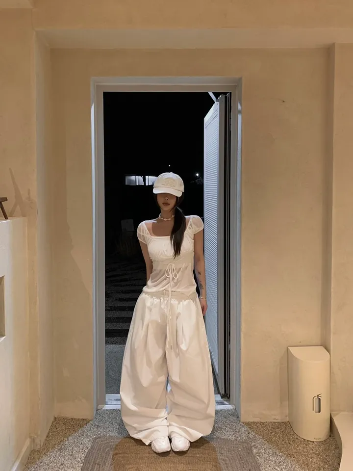(UNISEX) 머니 나일론 더블 핀턱 스트링 벌룬 PT / 오버핏 와이드 밴딩 트레이닝 벌룬핏 팬츠 바지 와이드팬츠 벌룬팬츠 트레이닝팬츠 나일론팬츠 나일론바지 간절기 봄 여름 상세 이미지 3