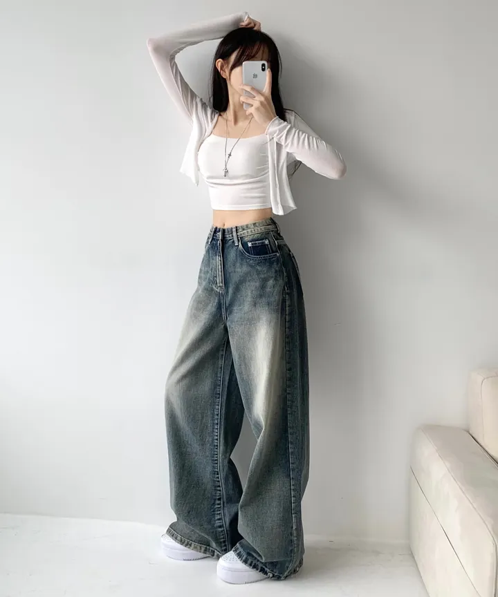 [모델소장🖤/기장선택/~XL] 페이블 3기장 힙 빈티지 워싱 하이웨스트 로우 밑단 스냅 조거 와이드 데님 팬츠 청바지 키작녀 키큰녀 남녀공용 사계절팬츠 빅사이즈 상세 이미지 24