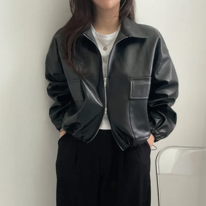 [투웨이/고퀄리티]레더 스트링 카라 크롭 라이더 숏자켓 3color 상세 이미지 10