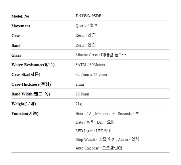 카시오 F-91WG-9QHDF (F-91WG-9Q) 디지털 스퀘어 빈티지 레트로 공용 우레탄시계 상세 이미지 5