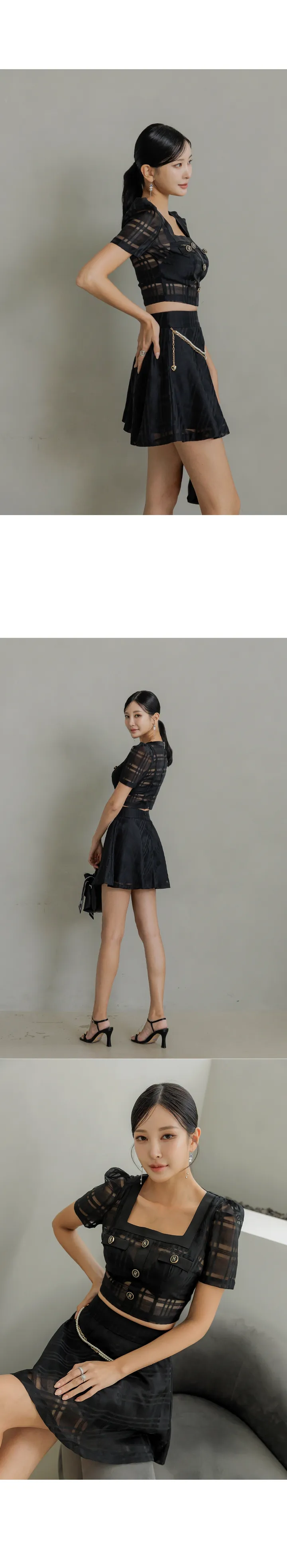 루브아 체크 크롭 블라우스 & 진주체인 미니 스커트 SET 상세 이미지 6