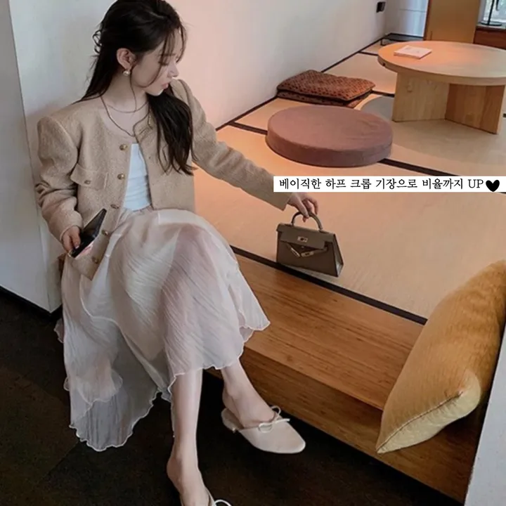 [색감맛집/최저가도전✨]백화점 퀄리티 트위드 도톰 자켓 크롭 노카라 라운드 긴팔 티 상세 이미지 18