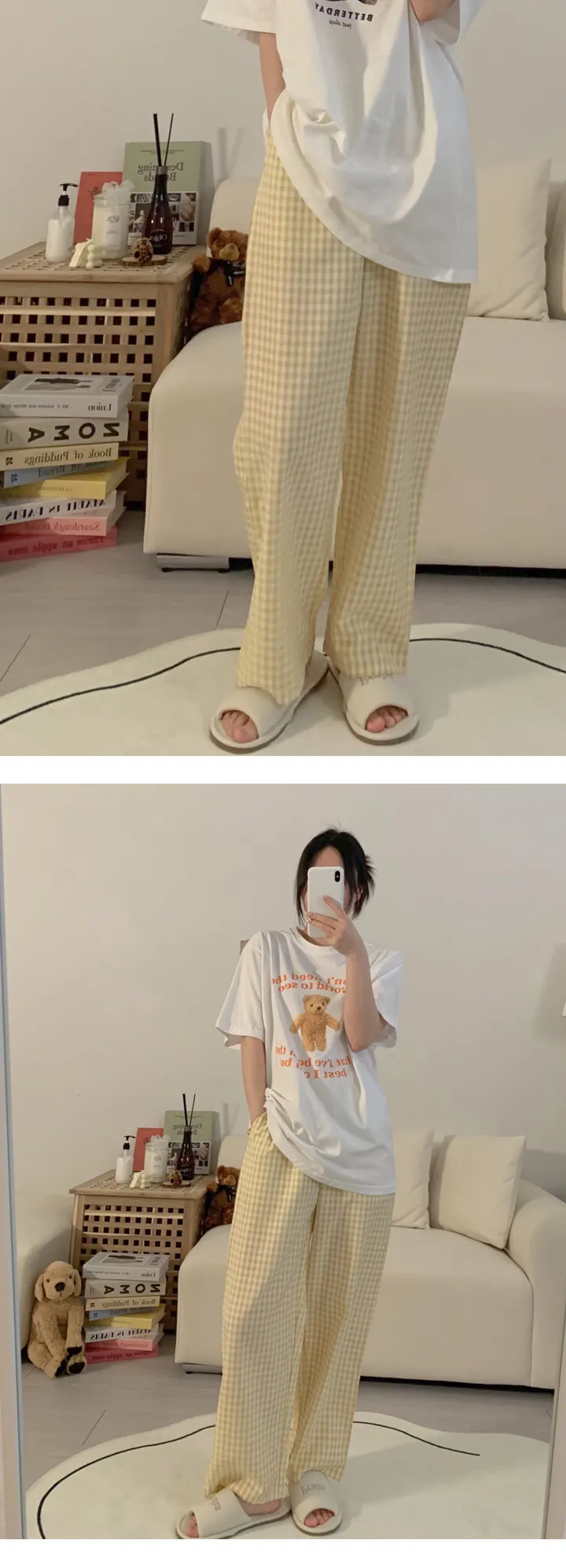[자체제작]1+1할인 실크느낌 솝 체크 커플 잠옷바지 빅사이즈 파자마 파티 상세 이미지 8