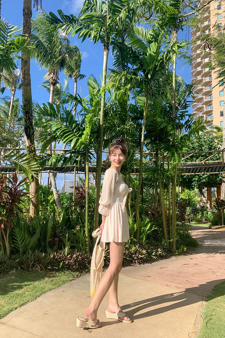 [팔뚝커버/군살커버/M-XL] 리본스트랩 펀칭 원피스 수영복 아이보리 크림 소매 체형 뱃살 커버 비키니 상세 이미지 4