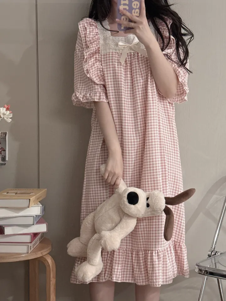 [당일출고/3컬러] 루즈핏 귀여운 스몰 체크 오버핏 반팔 원피스 파자마 잠옷_반팔ops_ver 상세 이미지 27