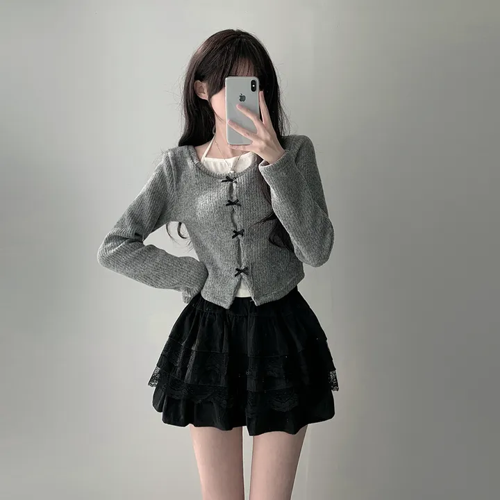 *봄가을ver추가* [코디세트/완전귀여운!] 뮤즈 보들 리본 트임 홀터넥 나시 레이어드 일체형 니트 + 슈아 밴딩 골지 레이스 캉캉 스커트 투피스 세트 상세 이미지 10