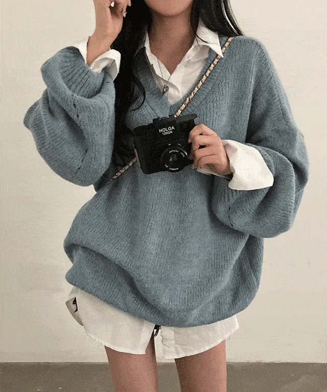 [원피스가능!] 핵여리함, 알파카 펀칭 박시핏 브이넥 니트