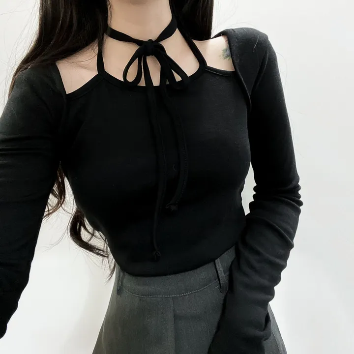 봄신상🌺 [모델강추/3color] 홀터넥 리본 스트랩 어깨 트임 티셔츠 상세 이미지 3