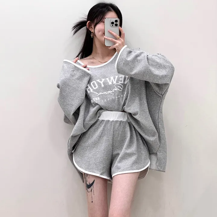 [여름까지/여리루즈핏] 밴티 나염 배색 라인 입술넥 오버핏 긴팔 티셔츠+밴딩 하이웨스트 돌핀 숏팬츠 투피스 트레이닝 세트 3color 상세 이미지 6