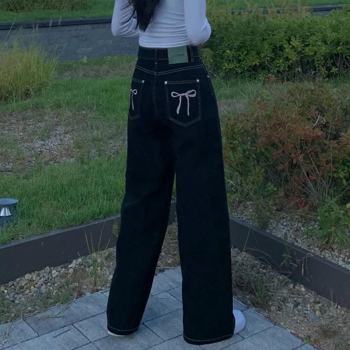Made![리본포인트🎀/깔끔핏] 핑크 스티치 리본 자수 하이웨스트 와이드팬츠 스트레이트핏 데님 롱팬츠 자체제작 상세 이미지 8