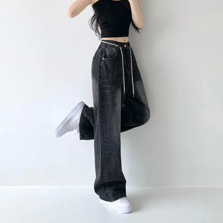 [색감깡패🖤/끈탈부착O] 미드나잇 뒷밴딩 스트링 스트랩 하이웨스트 절개라인 빈티지 워싱 롱 와이드 데님 팬츠 밴딩바지 청바지 사계절청바지 상세 이미지 34