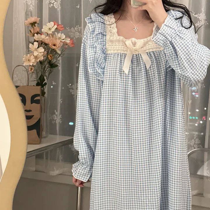 [당일출고/3컬러] 루즈핏 귀여운 스몰 체크 오버핏 긴팔 원피스 파자마 잠옷 상세 이미지 8