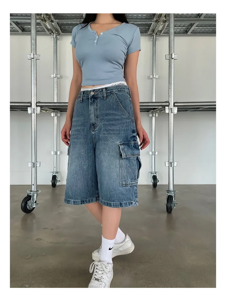[UNISEX] 카고 데님 청 워싱 버뮤다 반바지 팬츠 (2color) 상세 이미지 16