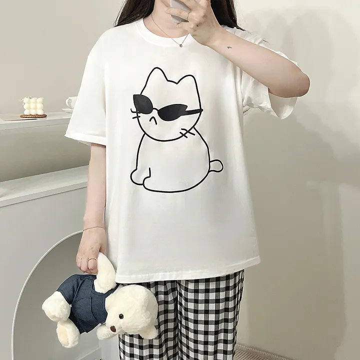 🖤[당일출고/남녀공용]🖤 고양이 캣 잠옷 파자마 상하세트 체크바지 빅사이즈 박시핏 루즈핏 오버핏 박시티 반팔 티 티셔츠 여름 면티 커플티 커플룩 커플티셔츠 커플잠옷 순면 상세 이미지 4