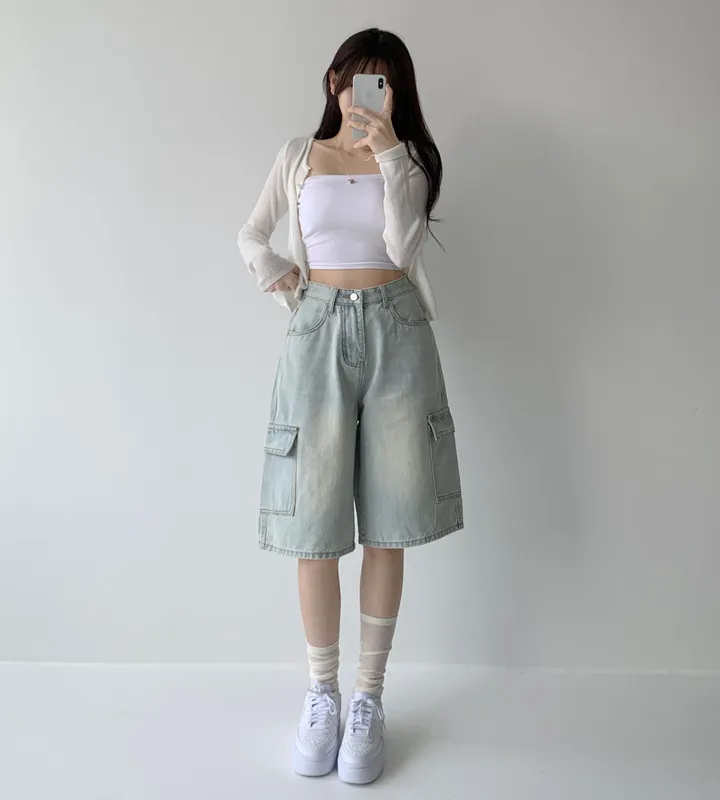 후기극찬![핏보장❤︎/힙무드/~XL] 이브닝 빈티지 힙 워싱 하이웨스트 와이드 카고 하프 버뮤다 5부 청 반바지 데님 팬츠 빅사이즈 상세 이미지 6