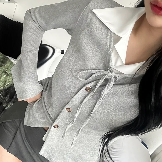 [일체형/모던룩/2col] 신디 일체형 슬림핏 레이어드 셔츠 가디건 / 카라넥 / 리본가디건 / 레이어드티셔츠 / 페이크셔츠 / 긱시크 / 브이넥 / 셔츠니트 / 코디완성 / 강추 상세 이미지 18